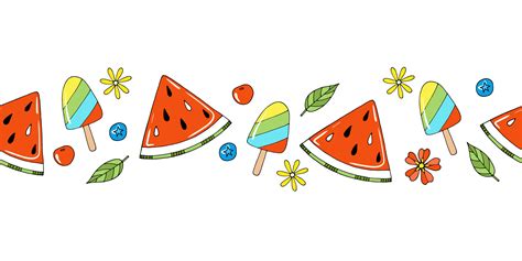 Summer Horizontal Vector Border With Cute Watermelon Cherry