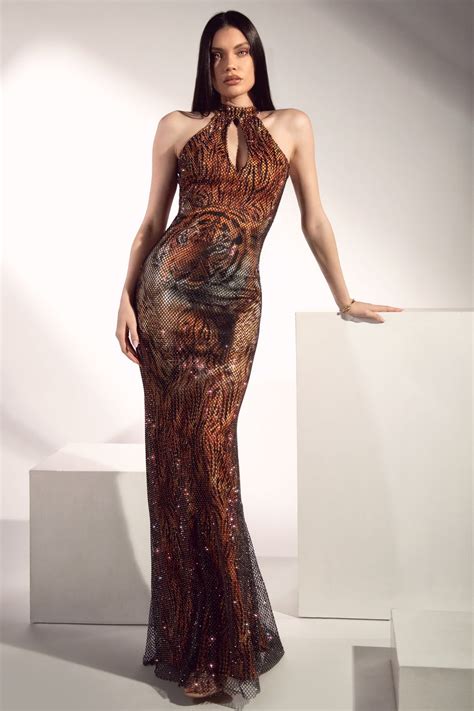 Maira Crystal Mesh Tiger Long Dress Animal Print Prom Dresses Tiger