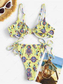 Zaful Bohemian Paisley Print Ribbed Tie Underwire Bikini Swimwear In