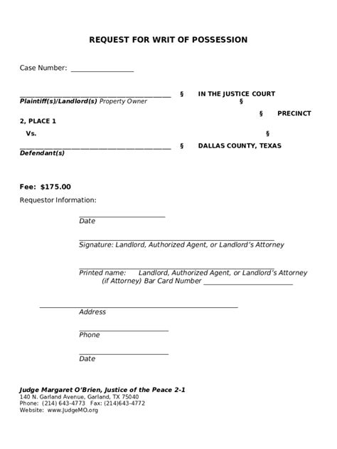 Request Of Writ Of Possession Doc Template PdfFiller