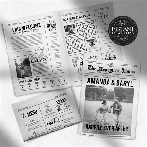 Wedding Newspaper Program Template Diy Newspaper Design Editable