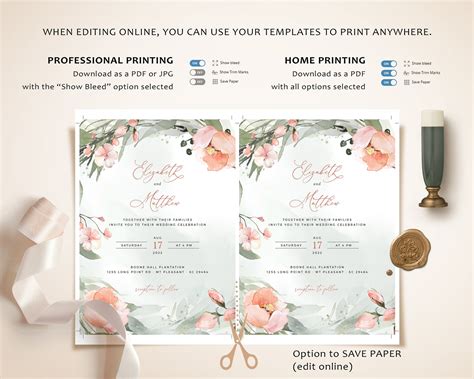 Vena Blush Peonies Wedding Invitation Template Peony Rose Etsy