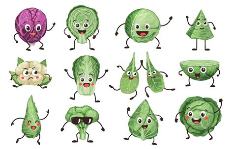 Premium Vector Cartoon Cabbage Characters Vegetable Faces With Different Emotions Funny