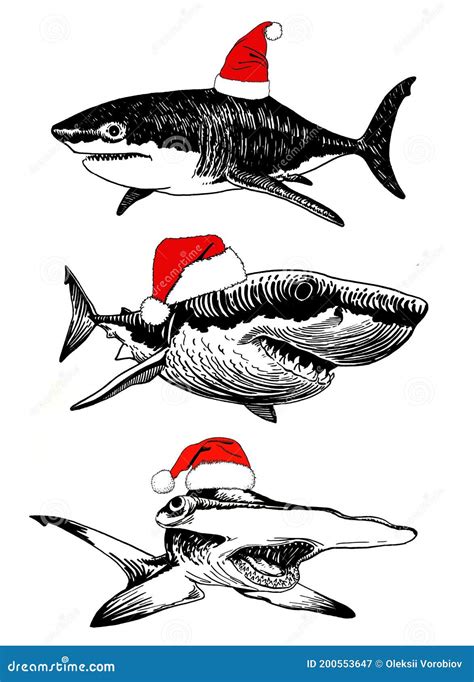 Graphical Set Of Sharks In Santa Claus Hats Isolated On White