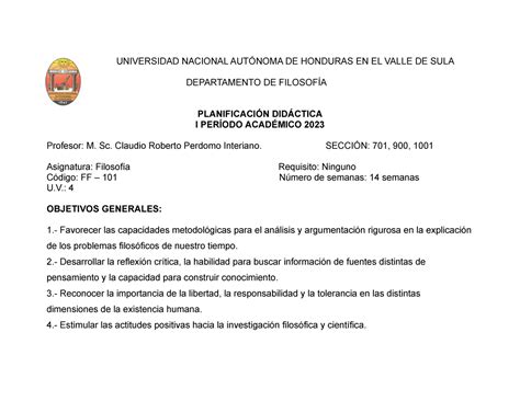 Planificación Didáctica Filosofía General 2020 Universidad Nacional AutÓnoma De Honduras En El