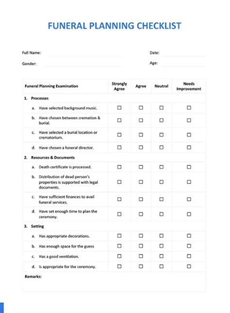 Funeral Planning Checklist Template PreWrite