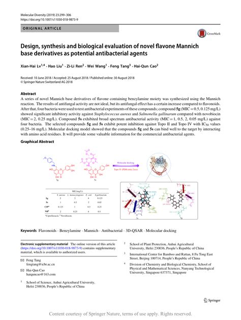 Design Synthesis And Biological Evaluation Of Novel Flavone Mannich