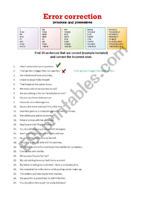 Pronoun Error Correction Esl Worksheet By Missake2