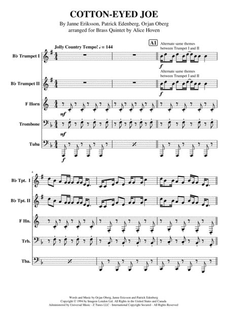 Cotton Eye Joe Arr Alice Hoven By Rednex Sheet Music For Brass Ensemble At Sheet Music Direct