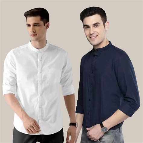 Buy Slim Fit Solid Chinese Collar Casual Shirt Navy Blue And White