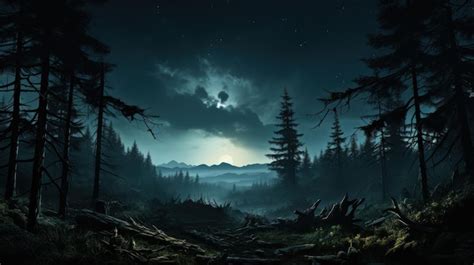 Premium Photo | Full moon over dark spooky forest at night