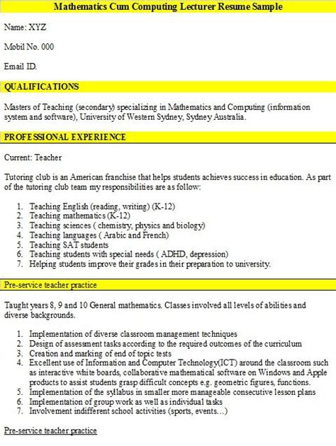 Mathematics Cum Computing Lecturer Resume Sample Latest Resume Sample