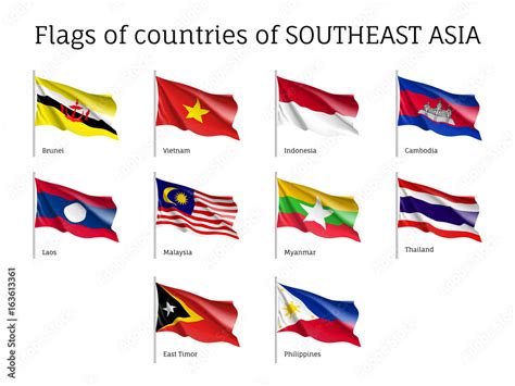 Set Of Waving Flags Of Members Of Asean Economic Community AEC Laos