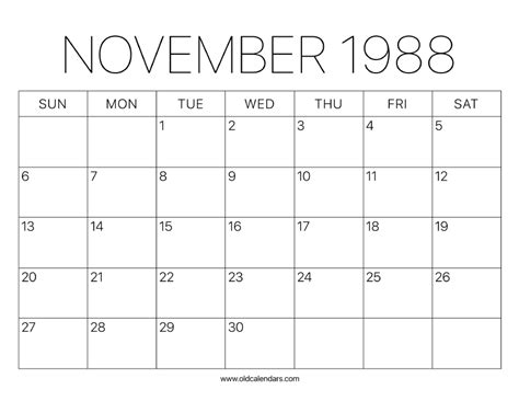 1988 Calendar November – Printable Old Calendars