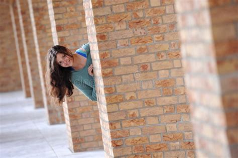 Young Woman Hiding Around Corner Stock Image Image Of Face Adult