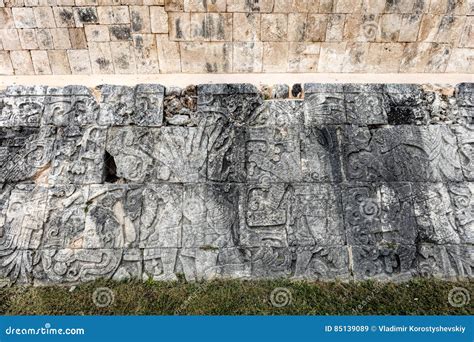 Ancient Mayan Carvings At The Great Ball Court In Chichen Itza Stock