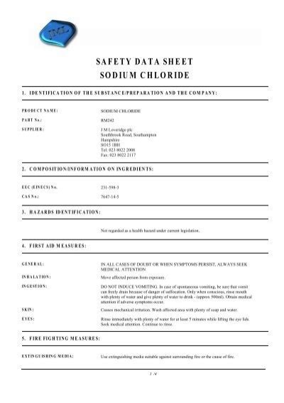 Safety Data Sheet Sodium Chloride J M Loveridge Plc