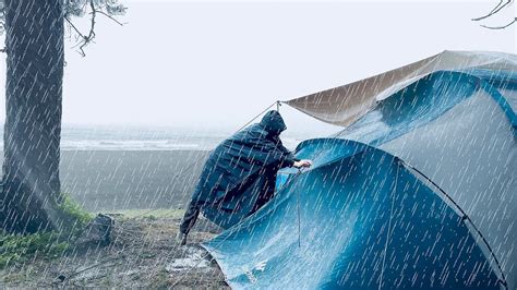 Solo Camping In Heavy Rain And Rainstorm Camping By The Sea In A