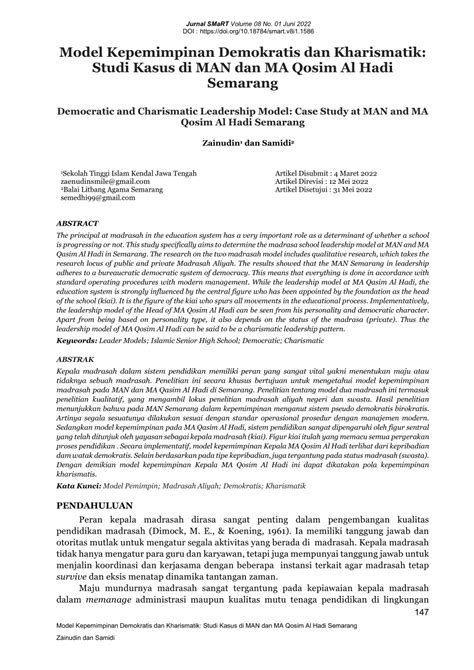 Pdf Model Kepemimpinan Demokratis Dan Kharismatik Studi Kasus Di Man