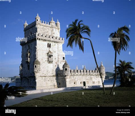 Torre De Belem Manueline Tower Built 16th Century And Palm Trees Lisbon