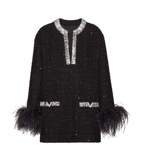 Womens Valentino Garavani Black Tweed Feather Cuff Dress Harrods