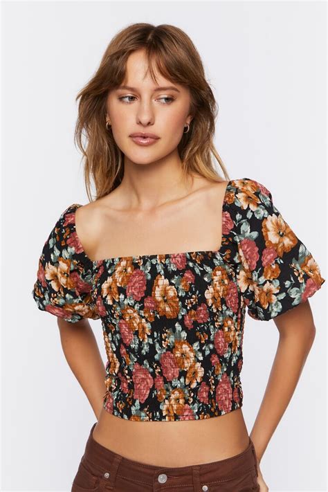 Forever 21 Floral Shirred Puff Sleeve Crop Top Black Multi Forever21usa