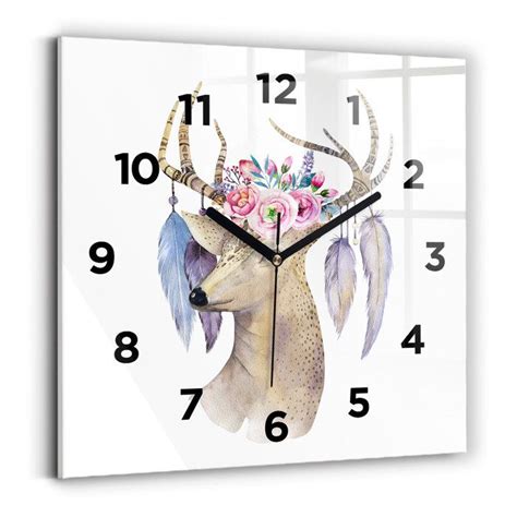 Decortapis Horloge murale en verre Horloge Carré 30cm Tête de cerf et