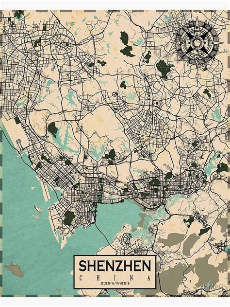 Shenzhen City Map Of Guangdong China Vintage Poster For Sale By