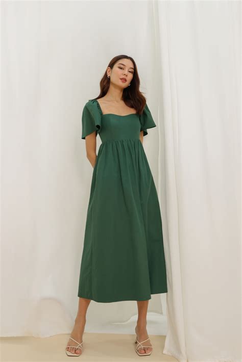 Lucinda Padded Flutter Sleeve Midaxi Dress Castleton Green Lovet