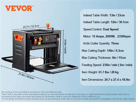 Vevor Raboteuse Bois Deux Vitesses Raboteuse Stationnaire X Cm
