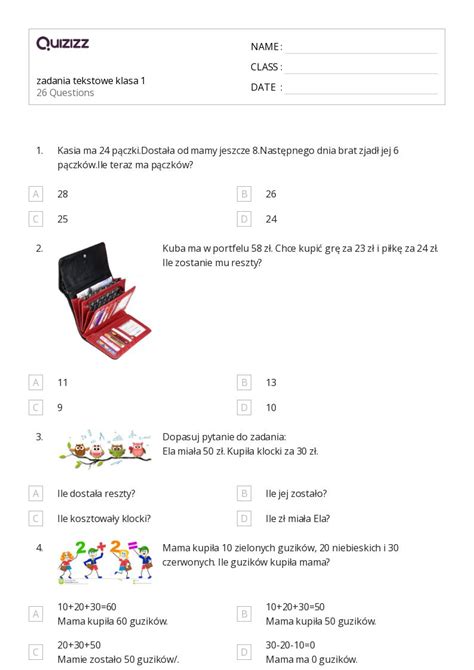 Ponad Zadania Tekstowe Na Dodawanie Arkuszy Roboczych Dla Klasa W