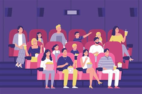 Free Vector | The audience sitting in a cinema hall and watching a movie flat illustration