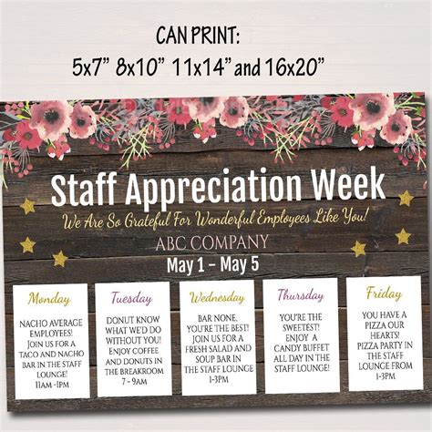 Staff Appreciation Week Itinerary Poster Appreciation Week Schedule