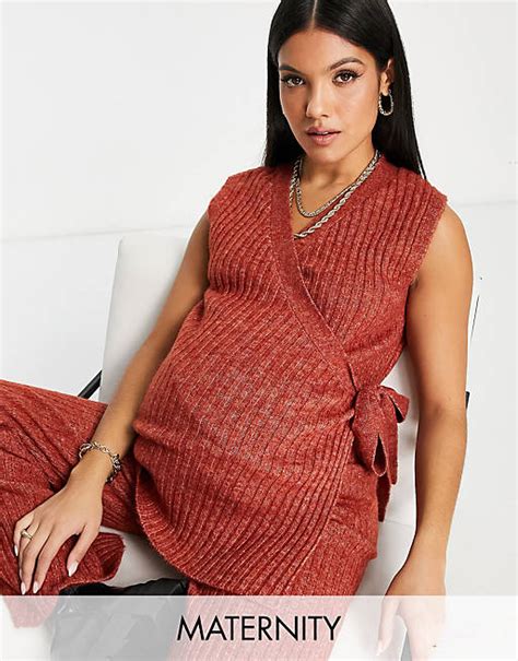 Mamalicious Maternity Rib Knitted Sleeveless Wrap Jumper In Rust Part