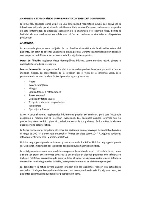 Anamnesis Y Examen F Sico En Un Paciente Con Sospecha De Influenza