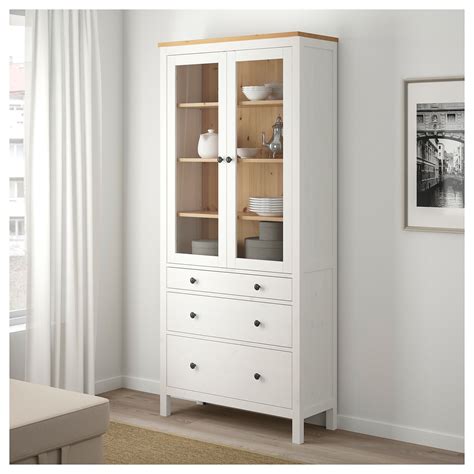 IKEA HEMNES Glass Door Cabinet With 3 Drawers White Stain Light