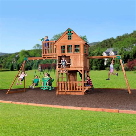 Backyard Discovery Skyfort Ii Playground Cedar Wood Swing Set With Playhouse Fort Sandbox