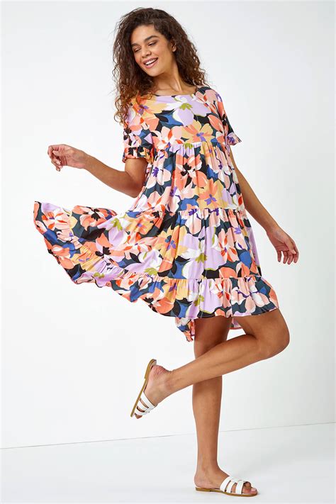 Floral Print Frill Hem Dress In Coral Roman Originals Uk