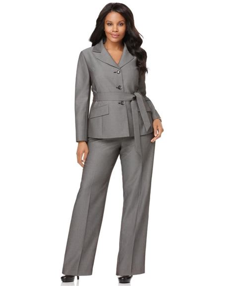 Le Suit Gray Grasslands Womens Notch Collar Belted Pant Size 16 Plus Size Suits Plus Size