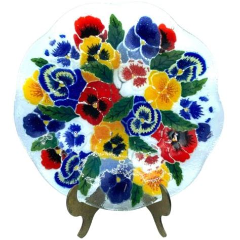 Peggy Karr Fused Art Glass Pansies Pansy Ruffled Bowl Floral