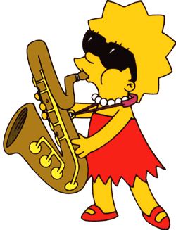 the simpsons playing a saxophone while wearing sunglasses and a red dress with an orange skirt