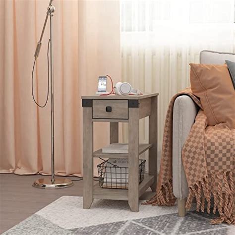 Hoseoka Narrow End Table With Charging Station Farmhouse End Table With