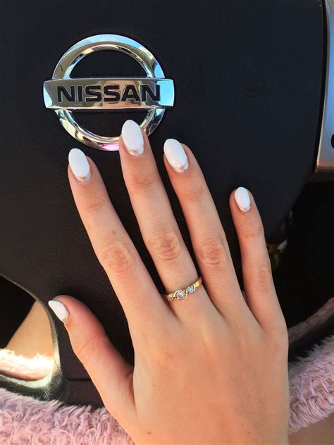 White And Gold Half Moon Reverse French Natural Almond Nails Done By