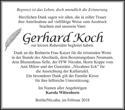 Traueranzeigen Von Gerhard Koch M Rkische Onlinezeitung Trauerportal