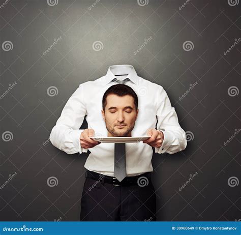 Man Holding His Head On White Plate Stock Image Image Of Closed