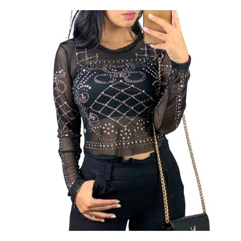 Cropped Tule Manga Longa Mosaico Pedraria Brilho Transparent Shopee