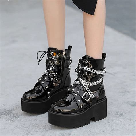 Botas Punk Con Cadenas Y Plataforma Rock High Heels Leather Etsy