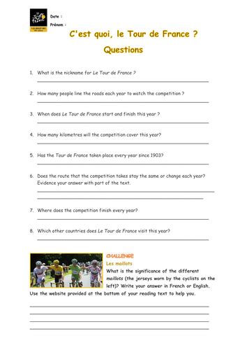 Le Tour De France Differentiated Reading Comprehension Ks3 Ks4