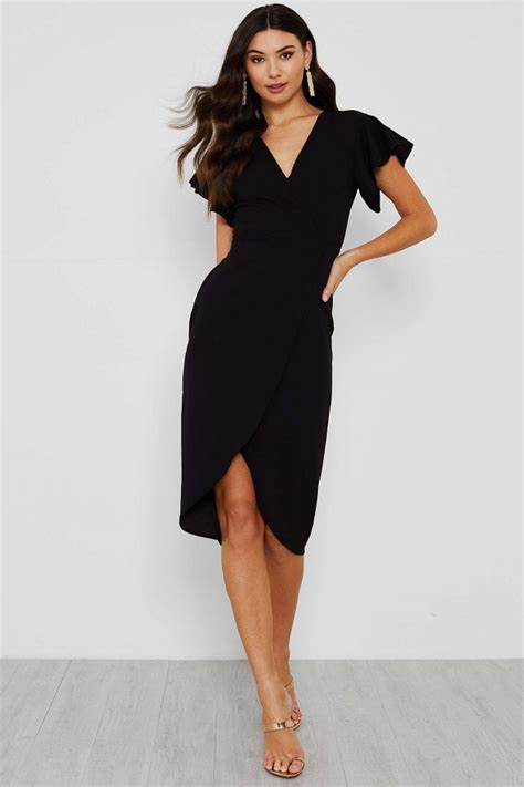 Arya Flutter Sleeve Black Wrap Midi Dress New In From Walg London Uk