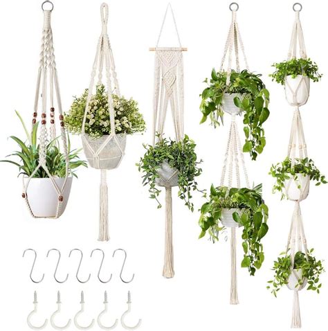 4 Hooks Macrame Plant Hangers Handmade Cotton Rope Hanging Planters Set